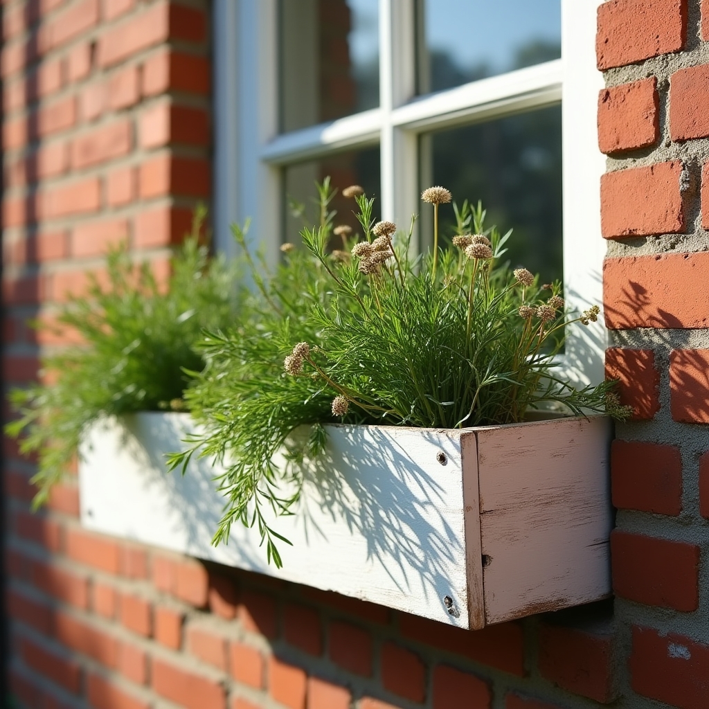 Window box with rosemary, thyme and chives overflowing over a brick ledge