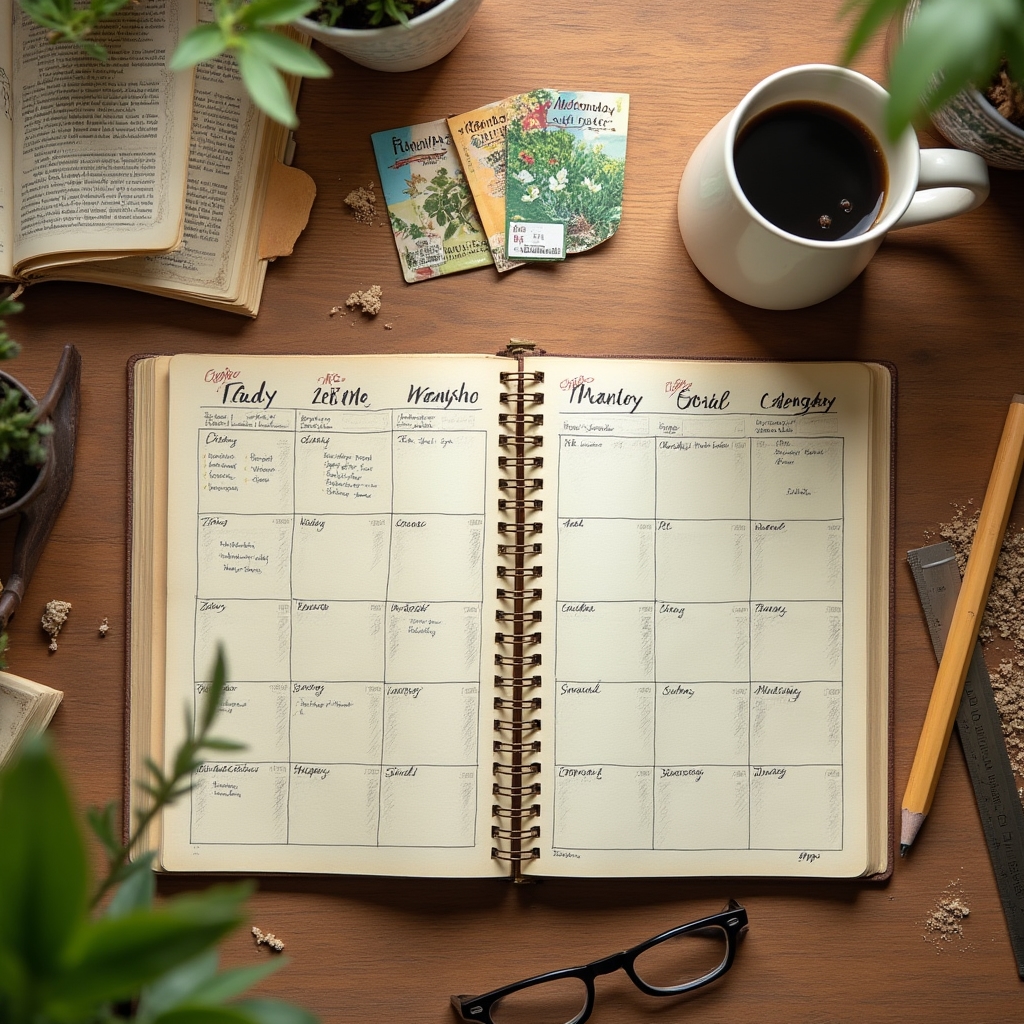 A hand-drawn planting calendar spread on a wooden table next to seed packets and a coffee mug