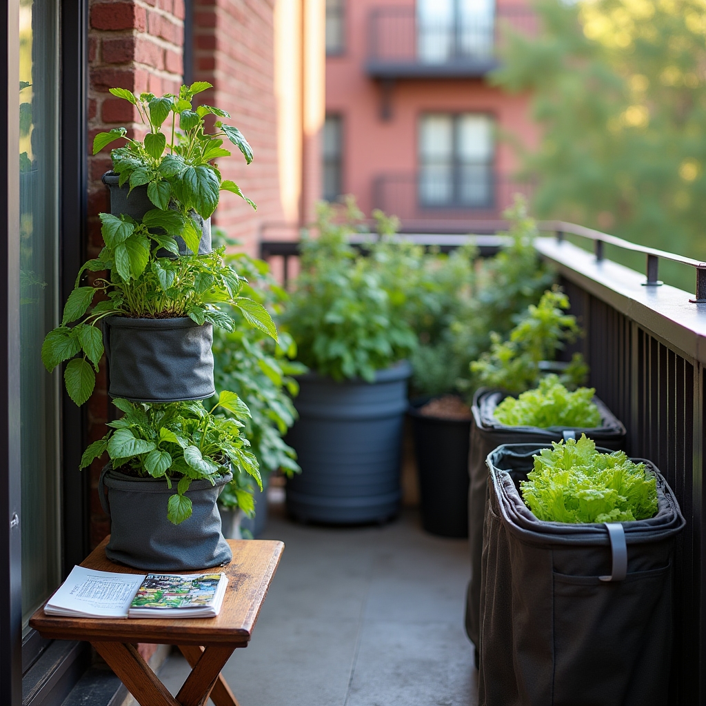 A compact growing setup on a narrow urban balcony with multiple container sizes