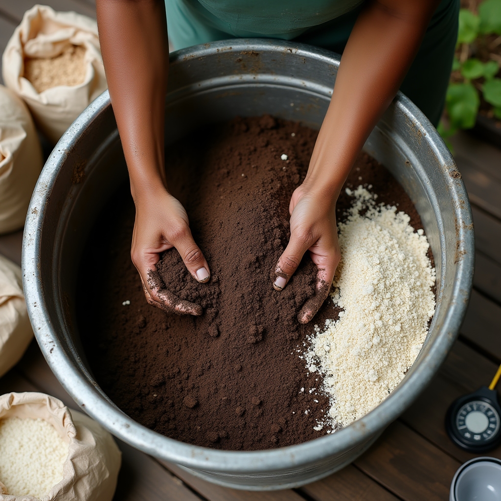 Hands mixing potting soil with perlite and compost in a large tub outdoors