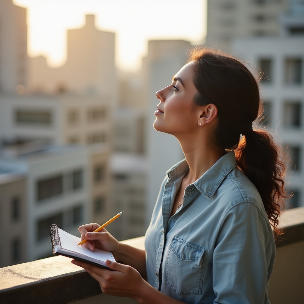 Person observing sun angles on a balcony with a notebook, tracking light patterns throughout the day