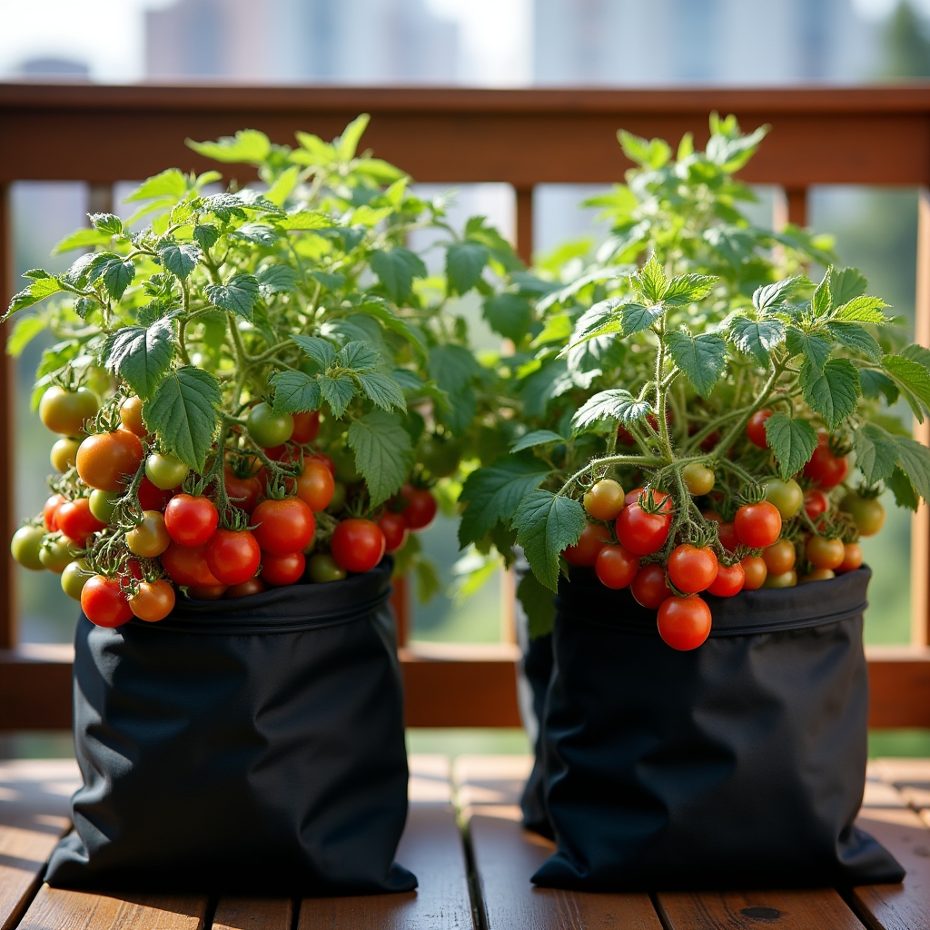 Cherry tomato plants in fabric grow bags on a sunny apartment balcony