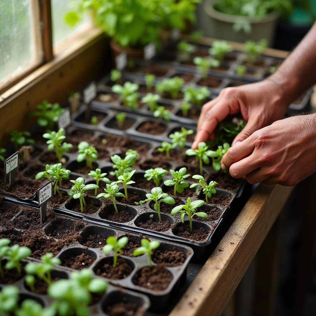 Close-up of seedling trays with labeled vegetable varieties ready for transplanting into containers